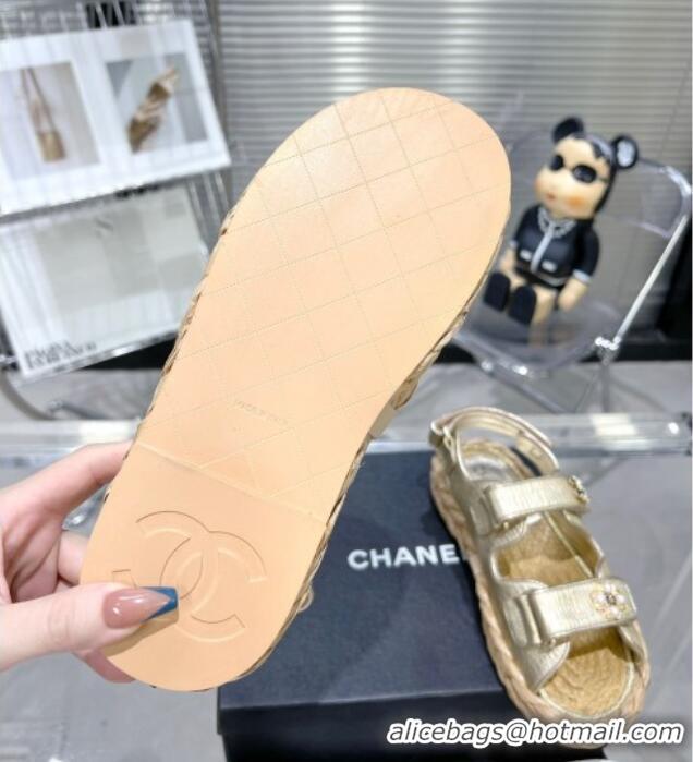 Low Price Chanel Pleated Strap Flat Sandals with Stones G35927 Gold 020747