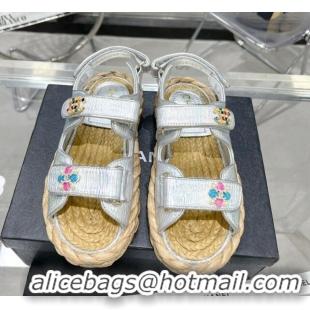 Luxury Chanel Pleated Strap Flat Sandals with Stones G35927 Silver 020748