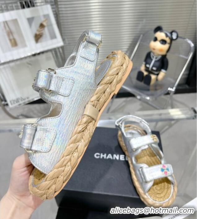 Luxury Chanel Pleated Strap Flat Sandals with Stones G35927 Silver 020748