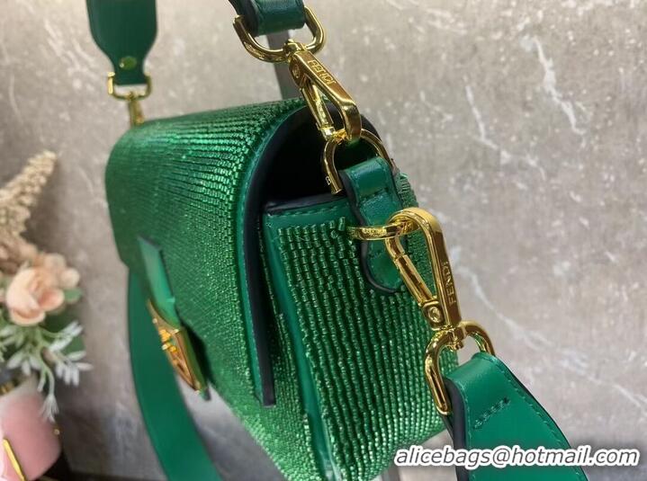 Fashion Inexpensive Fendi Baguette crystals and leather bag F0961 green