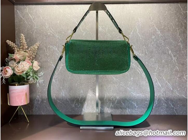 Fashion Inexpensive Fendi Baguette crystals and leather bag F0961 green