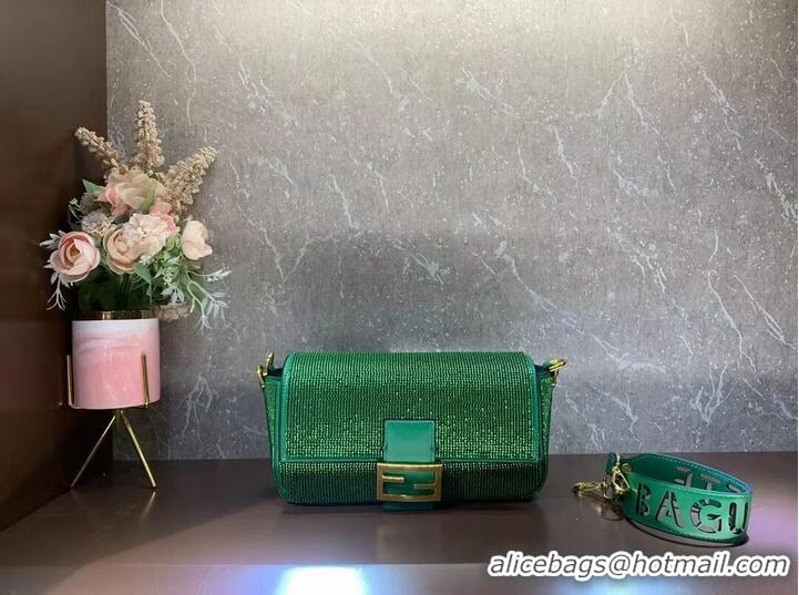 Fashion Inexpensive Fendi Baguette crystals and leather bag F0961 green