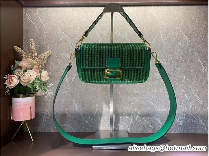 Fashion Inexpensive Fendi Baguette crystals and leather bag F0961 green