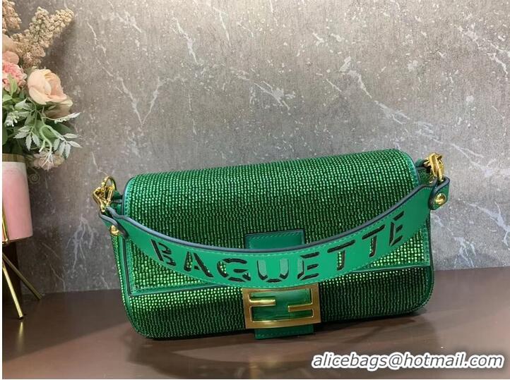 Fashion Inexpensive Fendi Baguette crystals and leather bag F0961 green