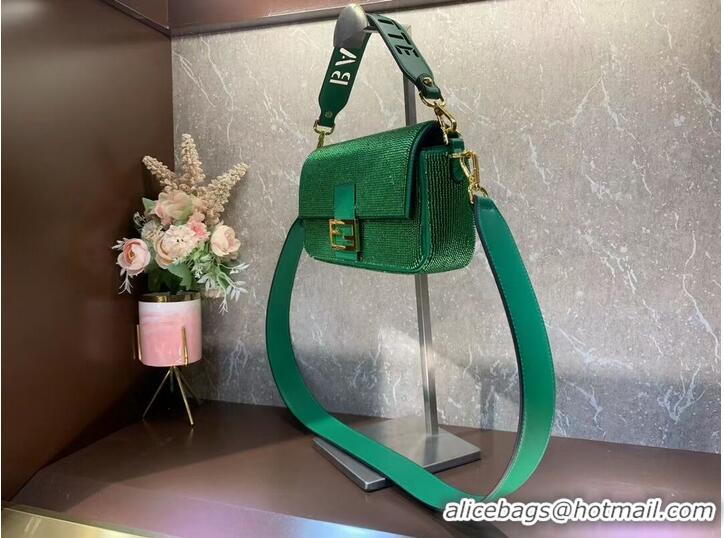 Fashion Inexpensive Fendi Baguette crystals and leather bag F0961 green