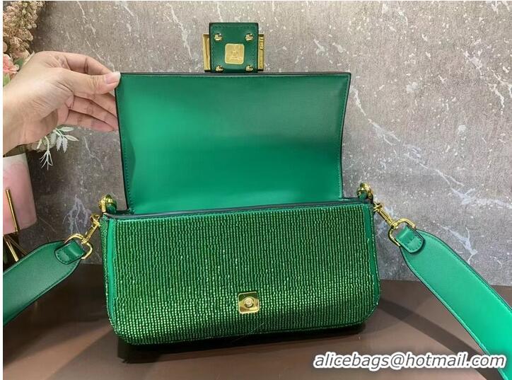 Fashion Inexpensive Fendi Baguette crystals and leather bag F0961 green