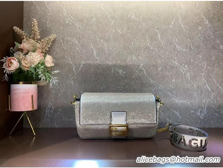 Unique Discount Fendi Baguette crystals and leather bag B0961 silvery