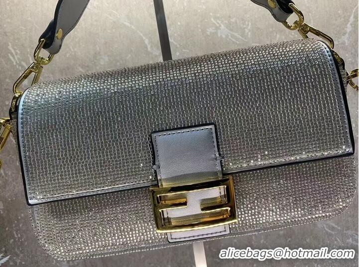 Unique Discount Fendi Baguette crystals and leather bag B0961 silvery