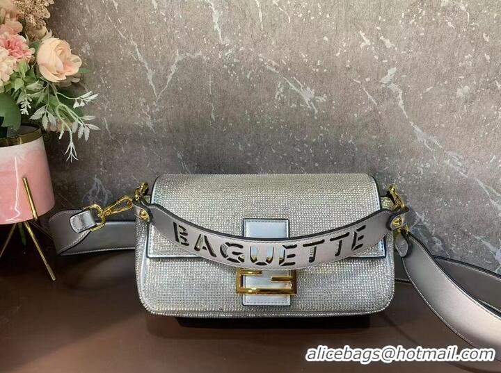 Unique Discount Fendi Baguette crystals and leather bag B0961 silvery