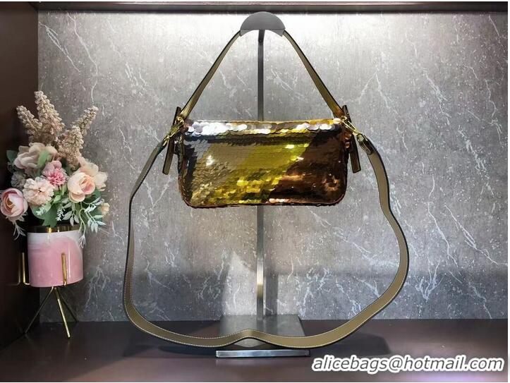 Inexpensive Fendi Baguette sequin and leather bag 8BR600 gold