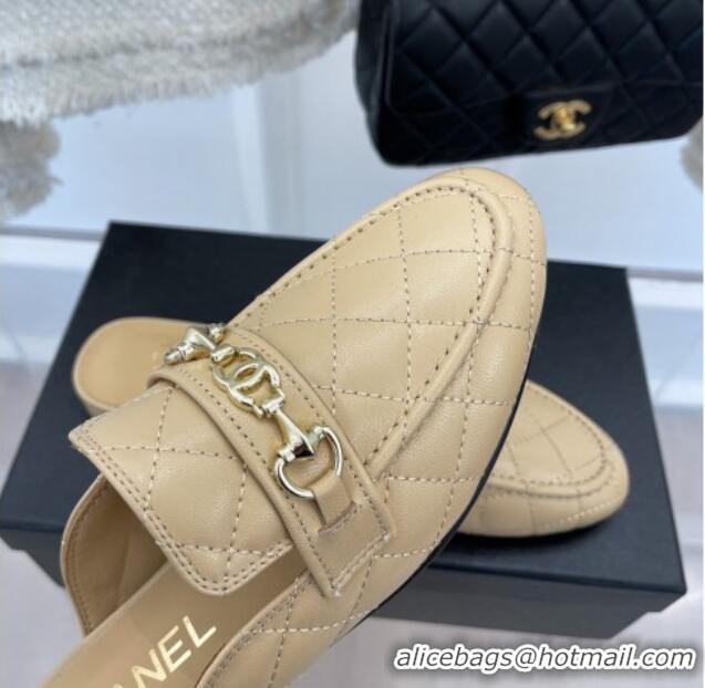 Luxury Chanel Quilted Lambskin Mules Beige 020756