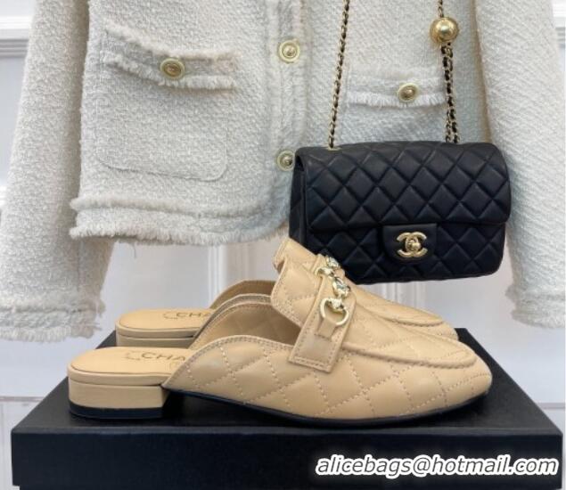 Luxury Chanel Quilted Lambskin Mules Beige 020756