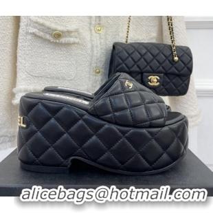 Durable Chanel Quilted Lambskin Platform Wedge Slide Sandals 7.5cm Black 020757