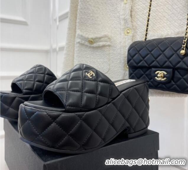 Durable Chanel Quilted Lambskin Platform Wedge Slide Sandals 7.5cm Black 020757