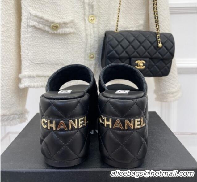 Durable Chanel Quilted Lambskin Platform Wedge Slide Sandals 7.5cm Black 020757