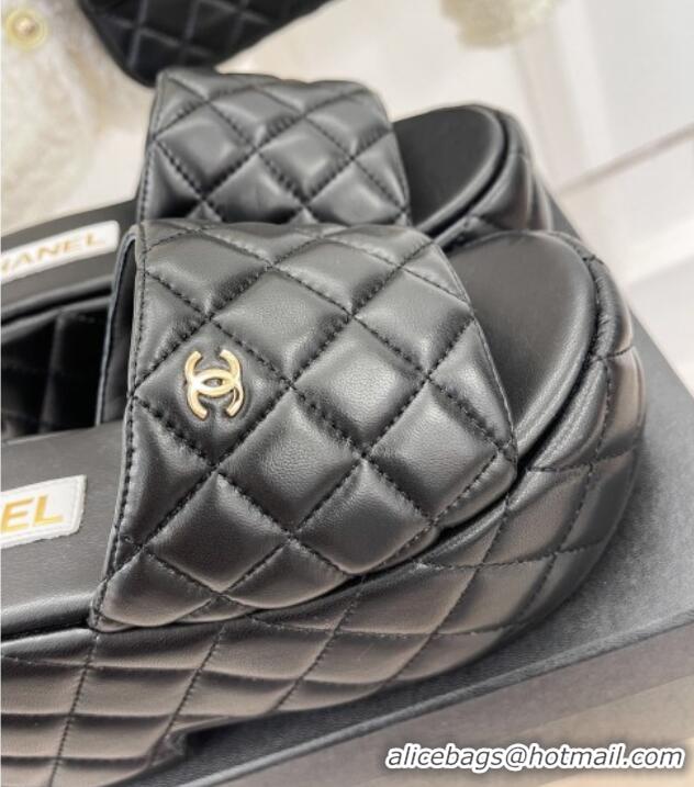 Durable Chanel Quilted Lambskin Platform Wedge Slide Sandals 7.5cm Black 020757