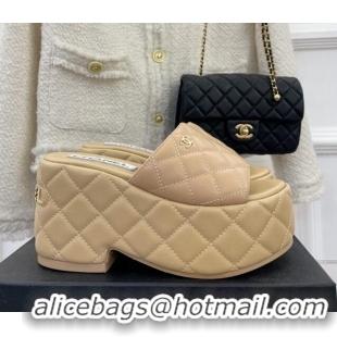 Unique Style Chanel Quilted Lambskin Platform Wedge Slide Sandals 7.5cm Beige 020758