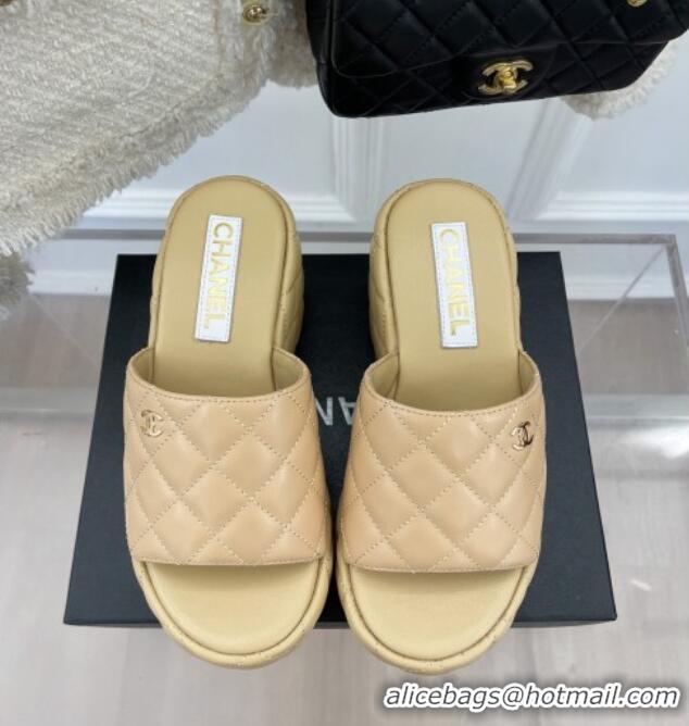 Unique Style Chanel Quilted Lambskin Platform Wedge Slide Sandals 7.5cm Beige 020758