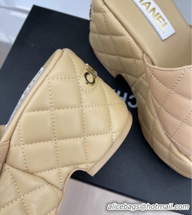 Unique Style Chanel Quilted Lambskin Platform Wedge Slide Sandals 7.5cm Beige 020758