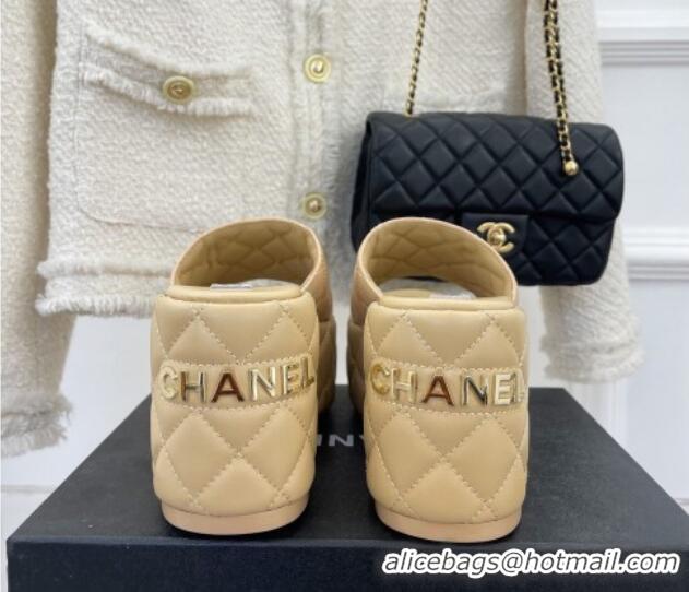 Unique Style Chanel Quilted Lambskin Platform Wedge Slide Sandals 7.5cm Beige 020758