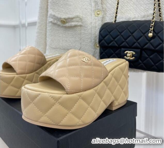 Unique Style Chanel Quilted Lambskin Platform Wedge Slide Sandals 7.5cm Beige 020758