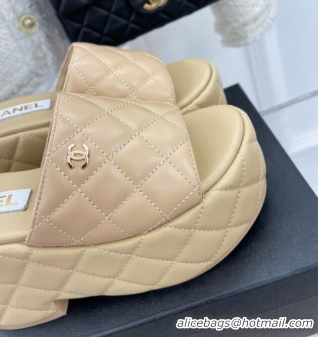 Unique Style Chanel Quilted Lambskin Platform Wedge Slide Sandals 7.5cm Beige 020758