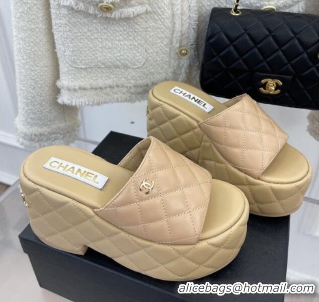 Unique Style Chanel Quilted Lambskin Platform Wedge Slide Sandals 7.5cm Beige 020758