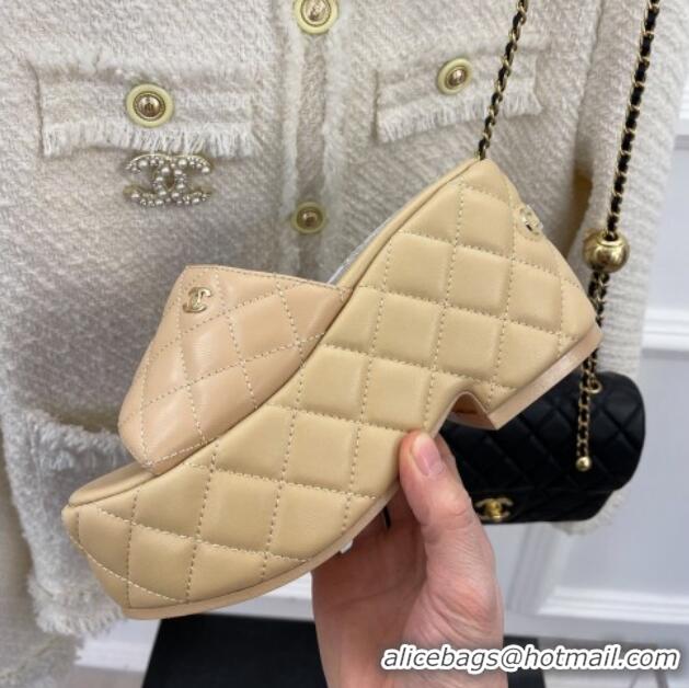 Unique Style Chanel Quilted Lambskin Platform Wedge Slide Sandals 7.5cm Beige 020758