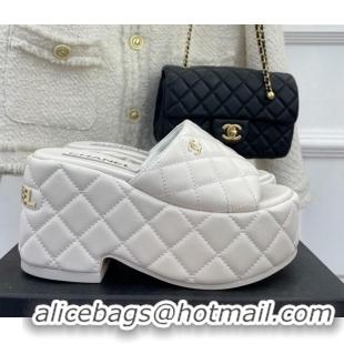 Perfect Chanel Quilted Lambskin Platform Wedge Slide Sandals 7.5cm White 020759