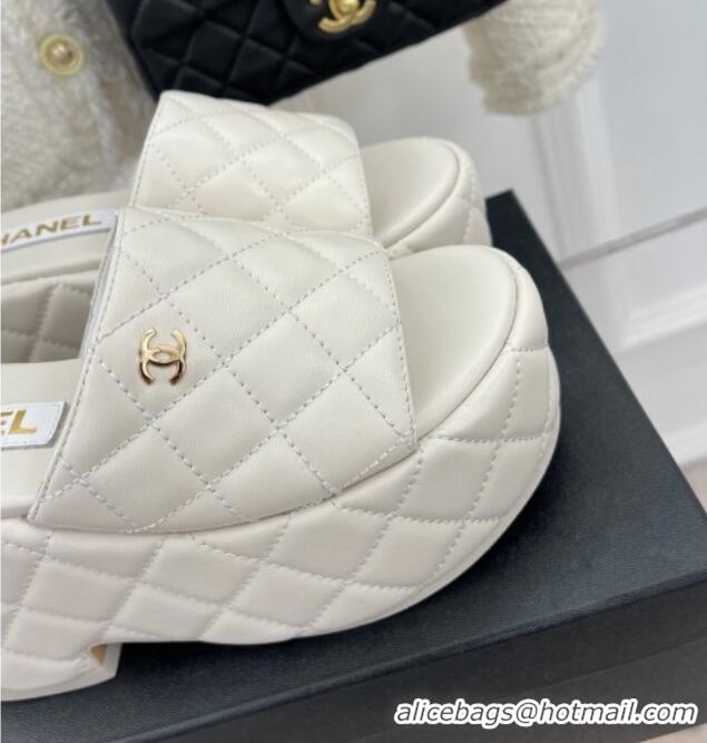 Perfect Chanel Quilted Lambskin Platform Wedge Slide Sandals 7.5cm White 020759