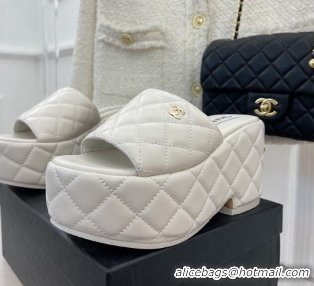 Perfect Chanel Quilted Lambskin Platform Wedge Slide Sandals 7.5cm White 020759