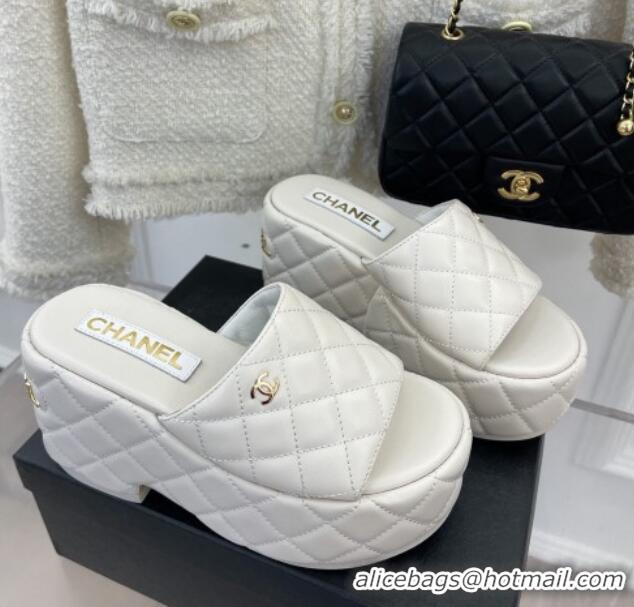 Perfect Chanel Quilted Lambskin Platform Wedge Slide Sandals 7.5cm White 020759