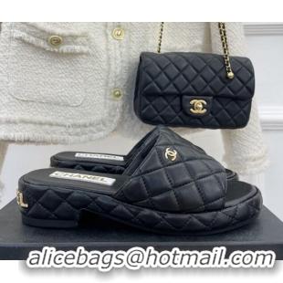 Popular Style Chanel Quilted Lambskin Slide Sandals 3cm Black 020760