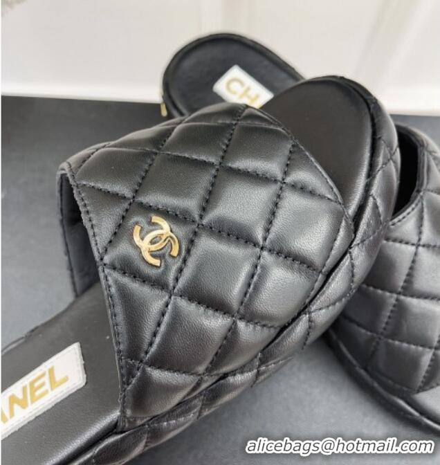 Popular Style Chanel Quilted Lambskin Slide Sandals 3cm Black 020760