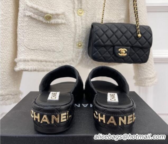 Popular Style Chanel Quilted Lambskin Slide Sandals 3cm Black 020760