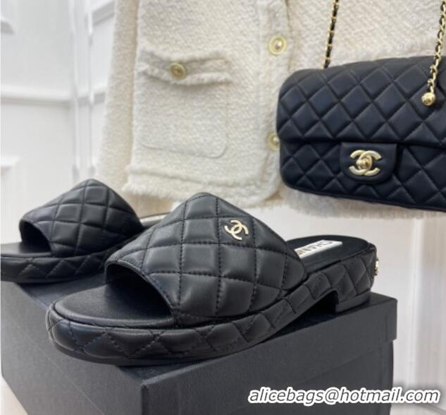 Popular Style Chanel Quilted Lambskin Slide Sandals 3cm Black 020760