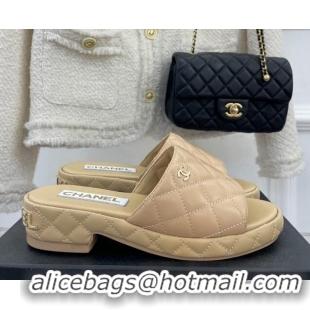 Good Looking Chanel Quilted Lambskin Slide Sandals 3cm Beige 020761