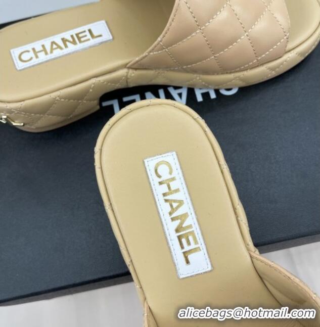 Good Looking Chanel Quilted Lambskin Slide Sandals 3cm Beige 020761