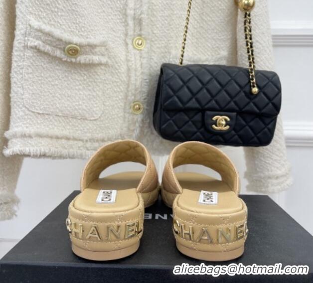 Good Looking Chanel Quilted Lambskin Slide Sandals 3cm Beige 020761