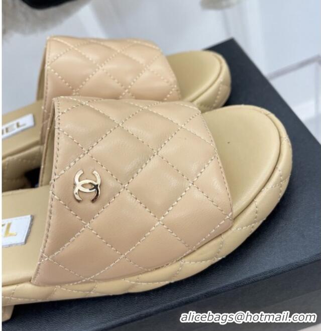 Good Looking Chanel Quilted Lambskin Slide Sandals 3cm Beige 020761