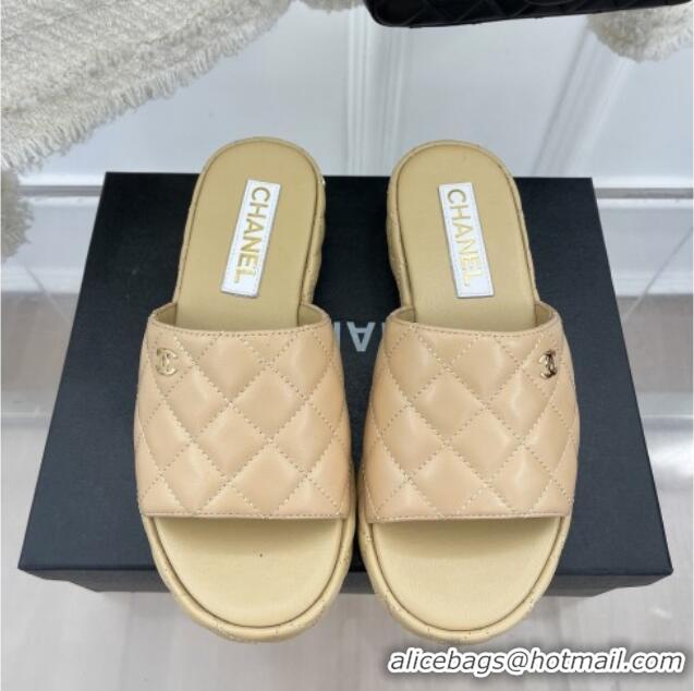 Good Looking Chanel Quilted Lambskin Slide Sandals 3cm Beige 020761