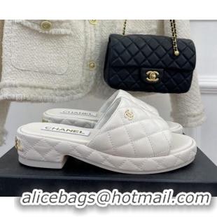 Generous Chanel Quilted Lambskin Slide Sandals 3cm White 020762