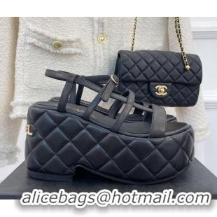 Fashion Chanel Lambskin Strap Platform Wedge Sandals 7.5cm Black 020763