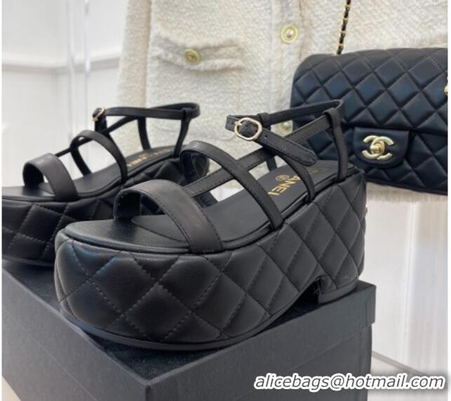 Fashion Chanel Lambskin Strap Platform Wedge Sandals 7.5cm Black 020763