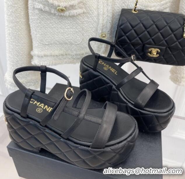 Fashion Chanel Lambskin Strap Platform Wedge Sandals 7.5cm Black 020763