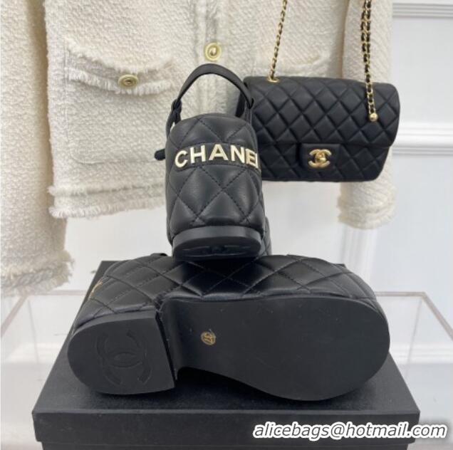 Fashion Chanel Lambskin Strap Platform Wedge Sandals 7.5cm Black 020763