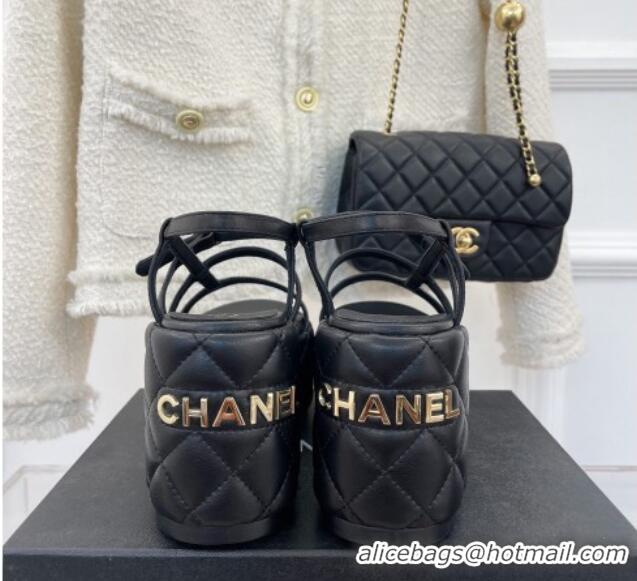 Fashion Chanel Lambskin Strap Platform Wedge Sandals 7.5cm Black 020763