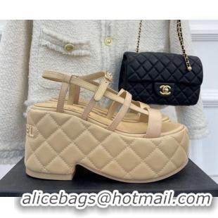 Good Quality Chanel Lambskin Strap Platform Wedge Sandals 7.5cm Beige 020764