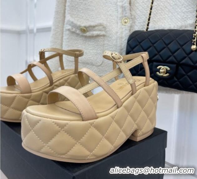 Good Quality Chanel Lambskin Strap Platform Wedge Sandals 7.5cm Beige 020764