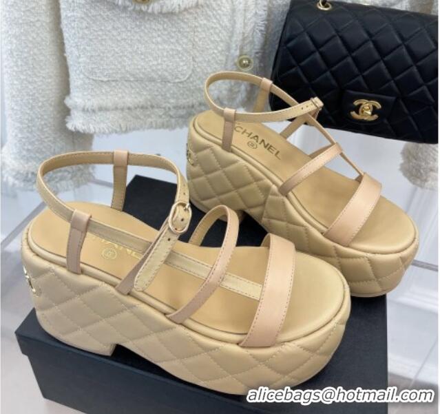 Good Quality Chanel Lambskin Strap Platform Wedge Sandals 7.5cm Beige 020764